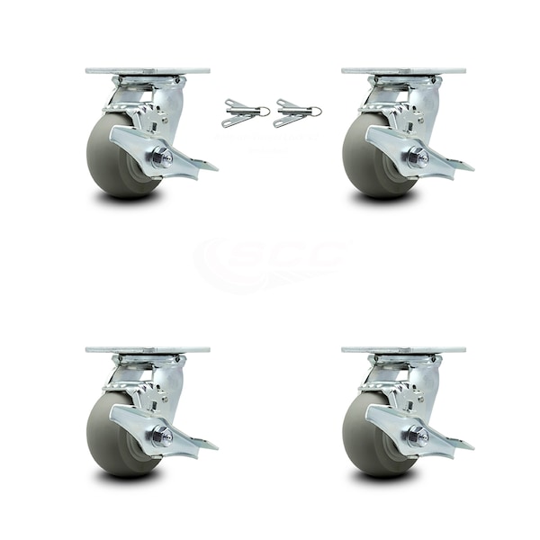 Service Caster 4 Inch Thermoplastic Rubber Caster Set with Roller Bearing 4 Brake 2 Swivel Lock SCC-30CS420-TPRRD-TLB-BSL-2-TLB-2 - main